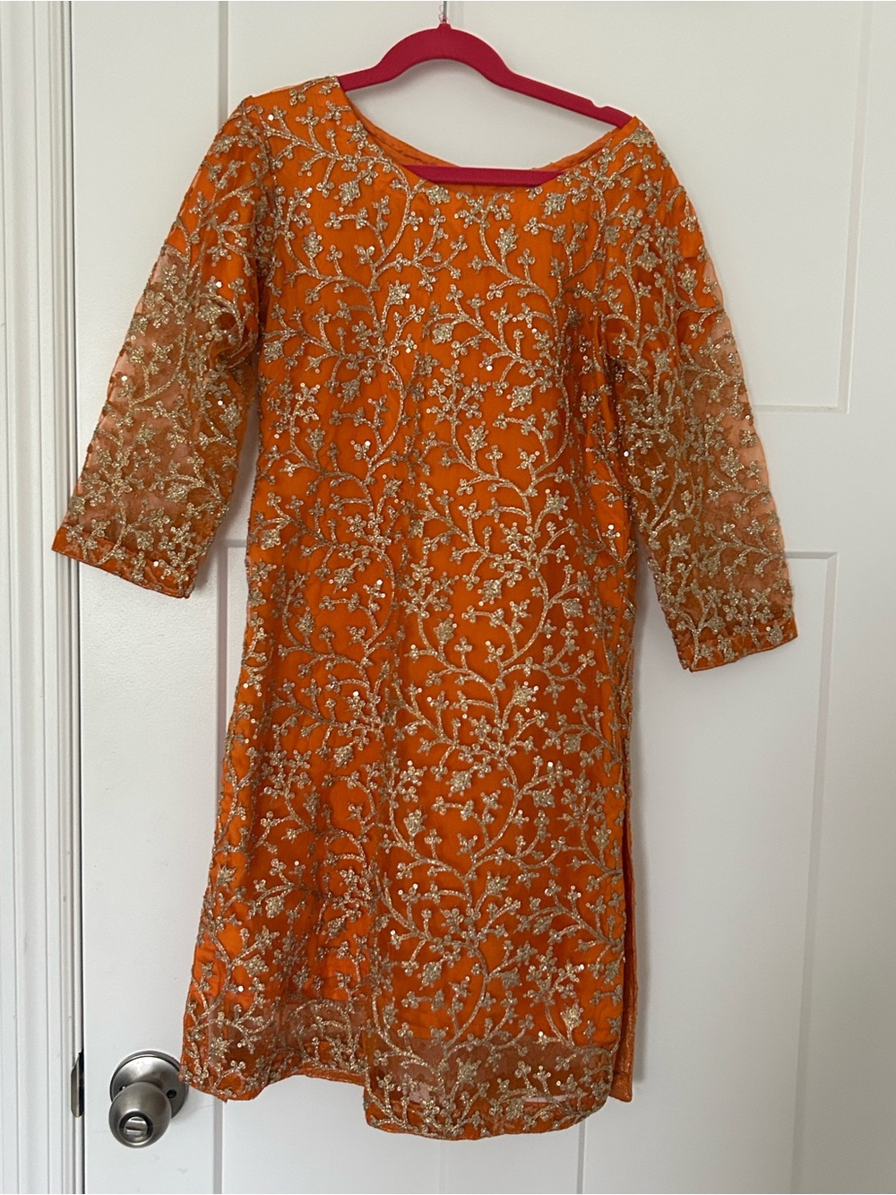 Embroidered Orange, party wear, fancy, girl’s sharara Dress.
